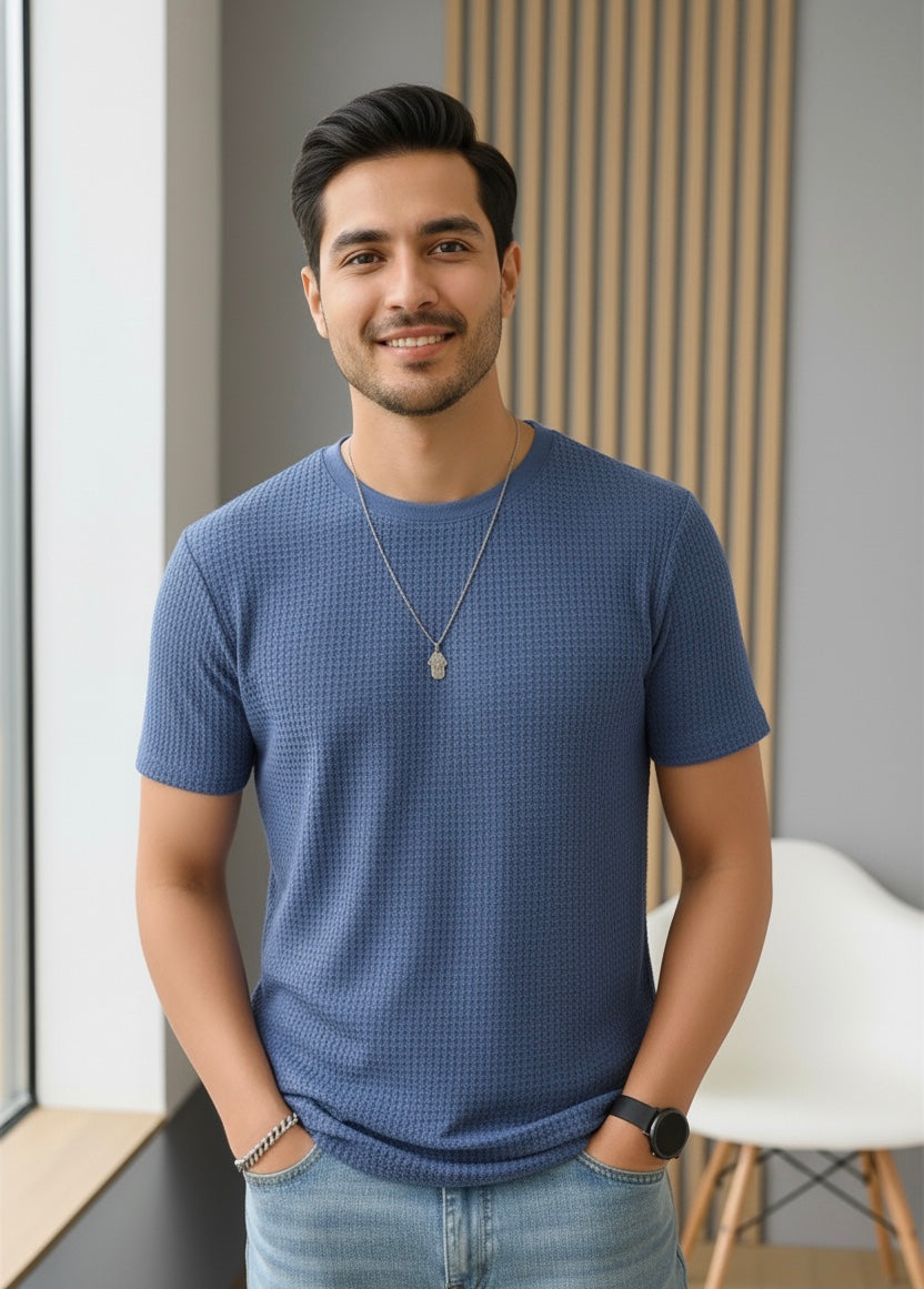 Waffle Knit T-Shirt Men | Mid Blue