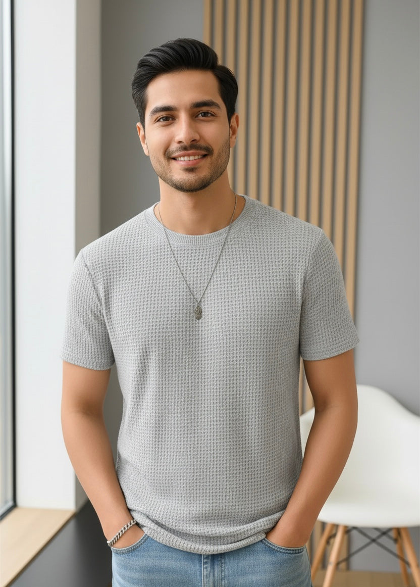 Waffle Knit T-Shirt Men | Light Grey