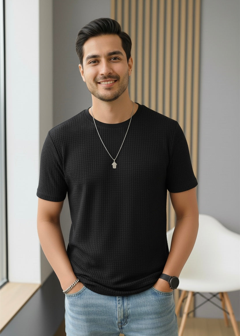 Waffle Knit T-Shirt Men | Black