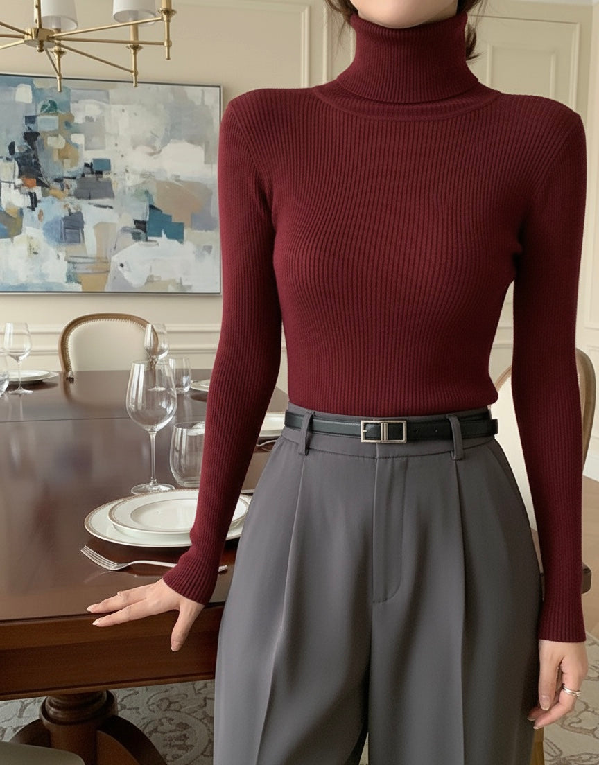 Maroon High Neck Ribbed | Women