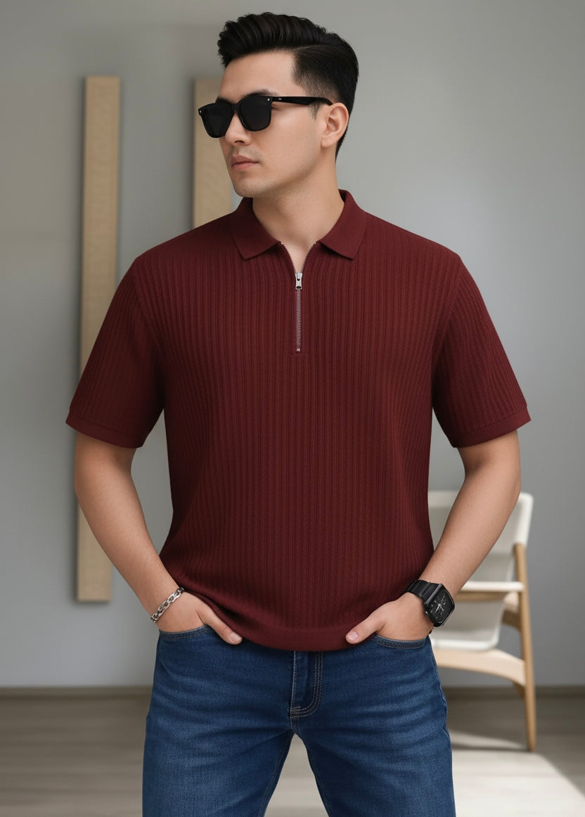 Waffle Knit Zipper Polo Men | Maroon