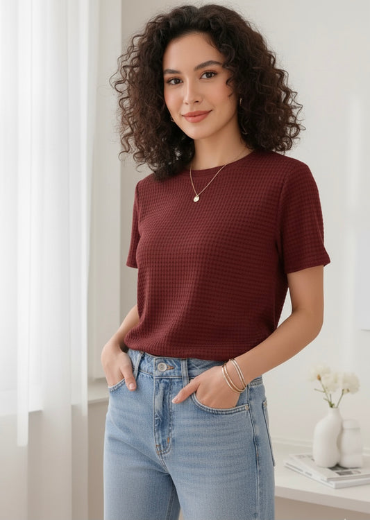 Waffle Knit T-Shirt Women | Maroon