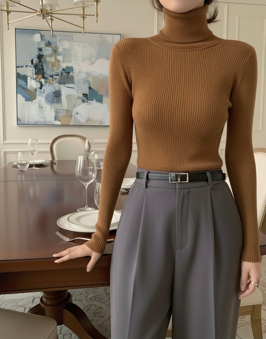 Brown High Neck Ribbed | Women