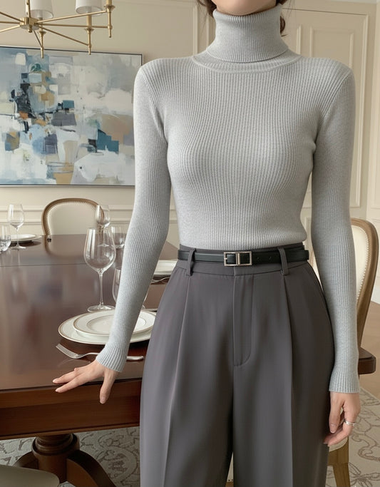 Light Grey High Neck Ribbed | Women