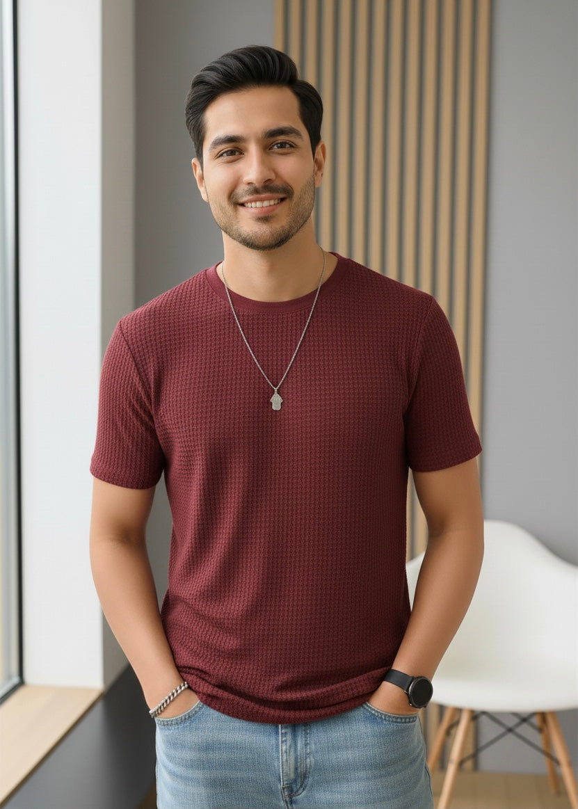Waffle Knit T-Shirt Men | Maroon