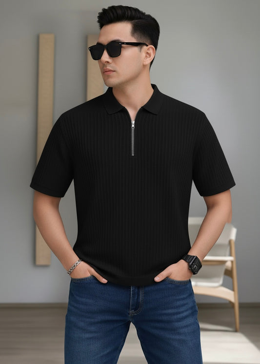 Waffle Knit Zipper Polo Men | Black