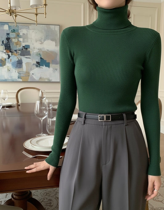 Bottle Green High Neck Ribbed | Women