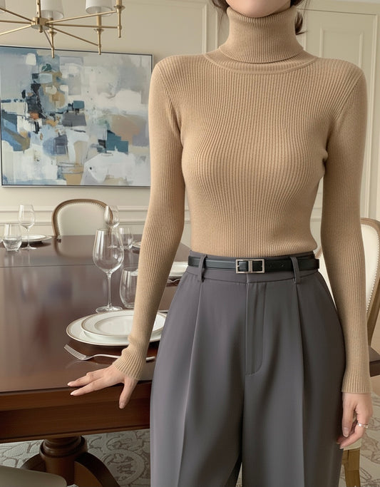 Beige High Neck Ribbed | Women