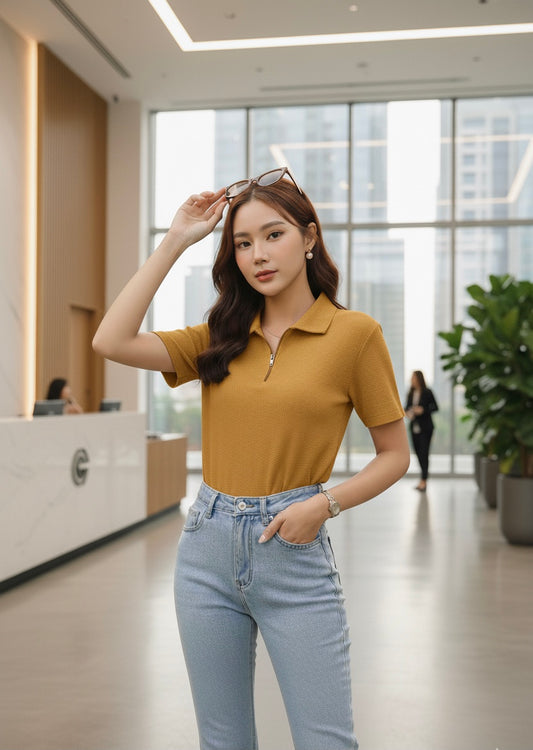 Waffle Knit Zipper Polo Women | Mustard