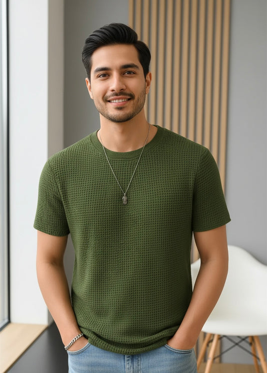 Waffle Knit T-Shirt Men | Olive Green
