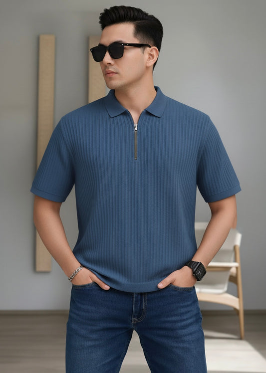 Waffle Knit Zipper Polo Men | Blue