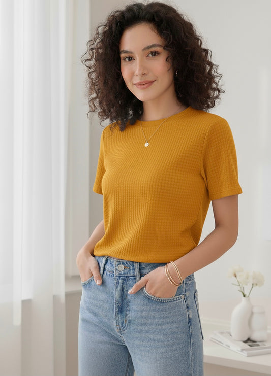 Waffle Knit T-Shirt Women | Mustard