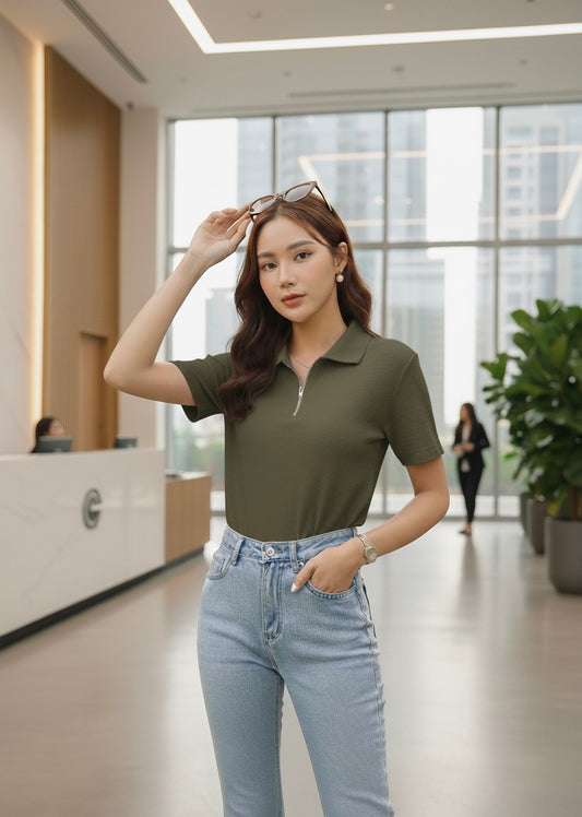 Waffle Knit Zipper Polo Women | Olive Green