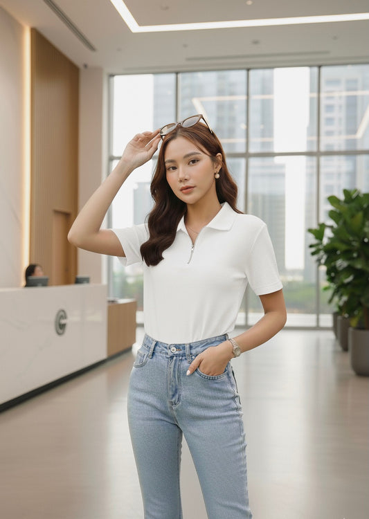 Waffle Knit Zipper Polo Women | White