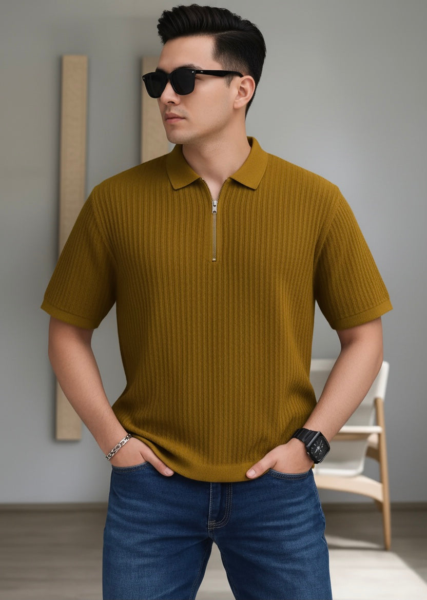 Waffle Knit Zipper Polo Men | Mustard