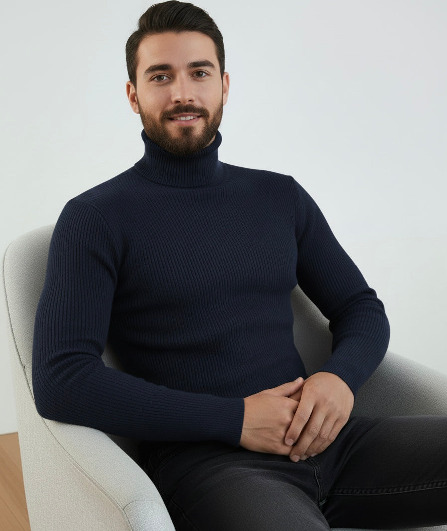 Navy Blue High Neck Ribbed | Men
