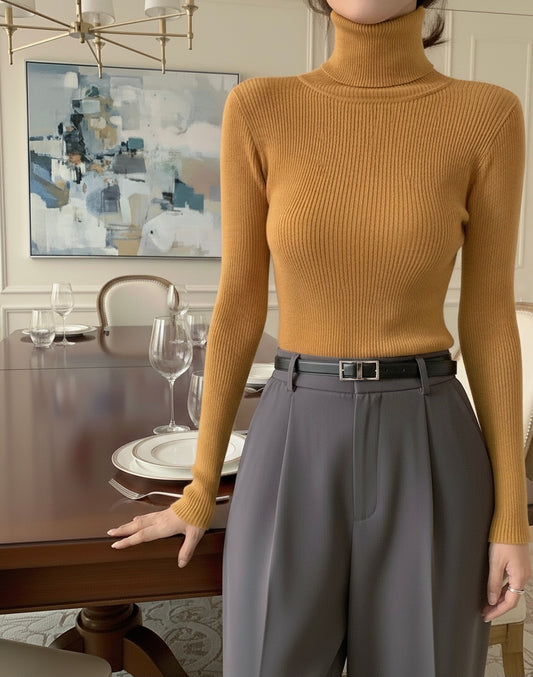 Mustard High Neck Ribbed | Women