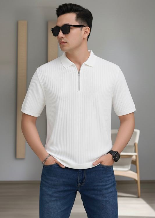 Waffle Knit Zipper Polo Men | White