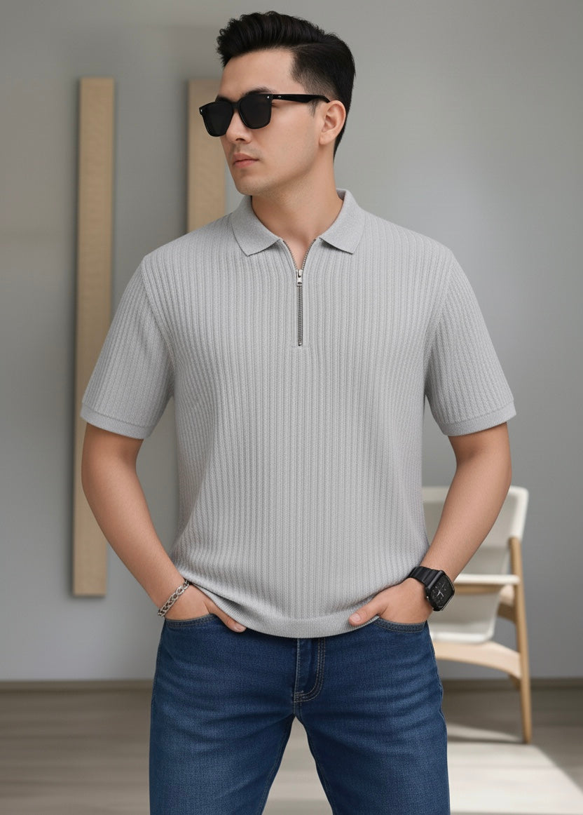Waffle Knit Zipper Polo Men | Gray