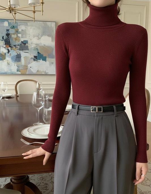Maroon High Neck Ribbed | Women