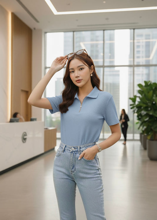 Waffle Knit Zipper Polo Women | Mid Blue