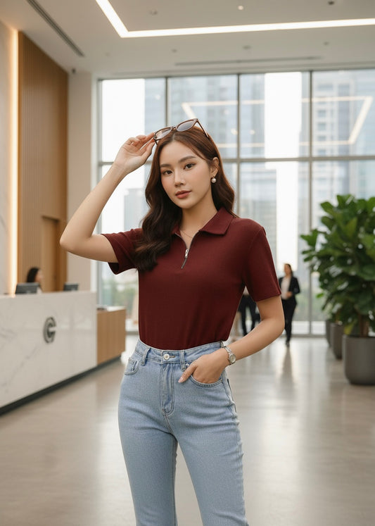 Waffle Knit Zipper Polo Women | Maroon
