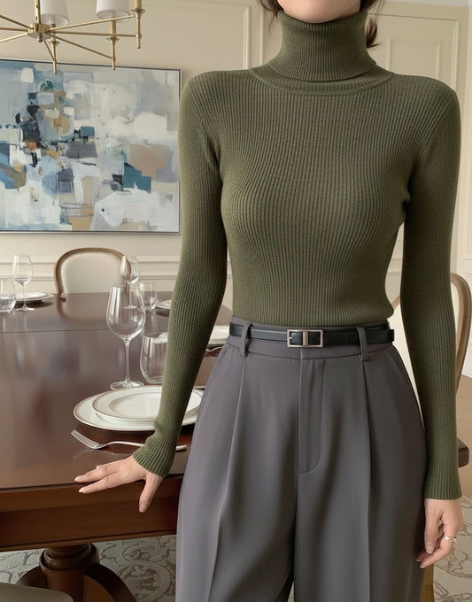 Olive Green High Neck Ribbed | Women