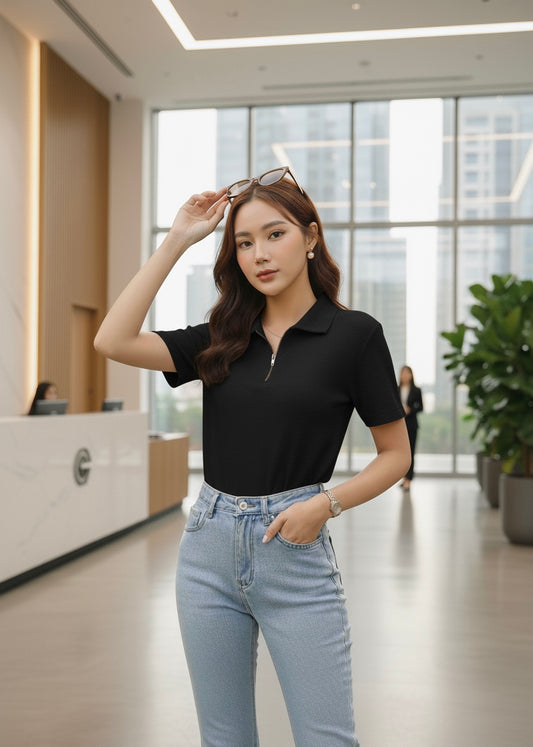 Waffle Knit Zipper Polo Women | Black