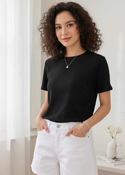 Waffle Knit T-Shirt Women | Black