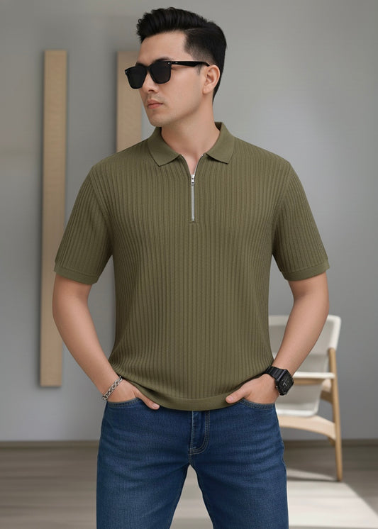 Waffle Knit Zipper Polo Men | Green