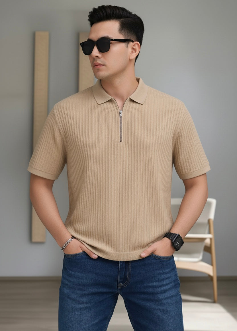 Waffle Knit Zipper Polo Men | Brown