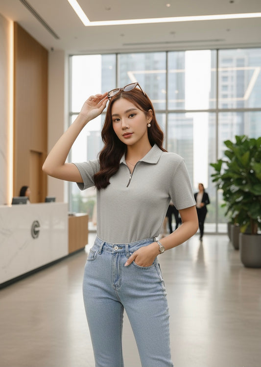 Waffle Knit Zipper Polo Women | Light Grey