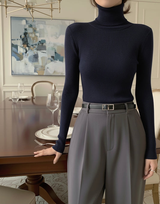 Navy Blue High Neck Ribbed | Women