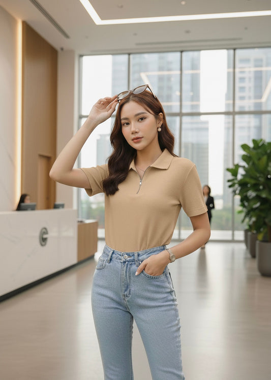 Waffle Knit Zipper Polo Women | Beige
