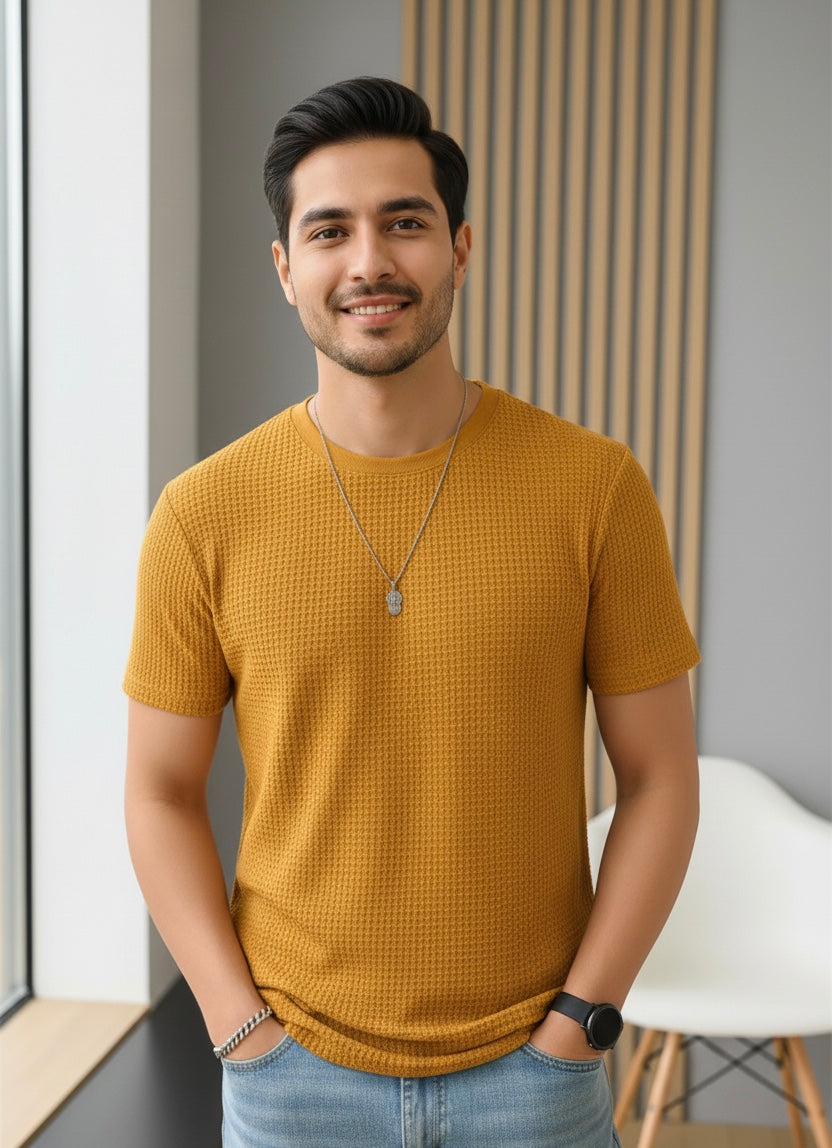 Waffle Knit T-Shirt Men | Mustard